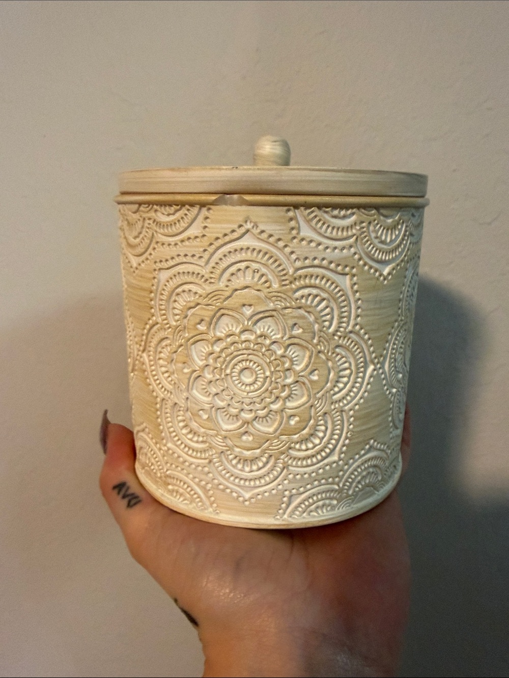 Cream Engraved Mandala Canister with Lid